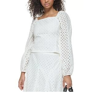 Karl Lagerfeld Paris Blouse Long sleeve Eyelet Smocked White Large